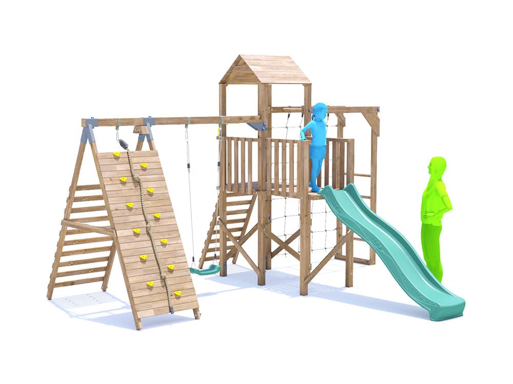 Dunster House Climbing Frame with Single Swing, HIGH Platform, Tall Climbing Wall, Monkey Bars, Cargo Net & Slide BalconyFort