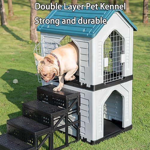 Double-Decker Pet House with Ladder - Waterproof, Sunproof, 3-Door, Ventilated - Small & Medium All-Season Universal Dog House for Indoor/Outdoor Use