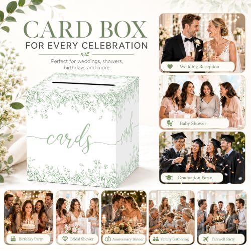 Image of Sage Green Floral Wedding Card Box with Slot for Baby Shower and Birthday | Roomy 8.7 Inch Cube Holds Cards and Envelopes While Keeping Gift Tables Neat at Weddings, Bridal Showers and Garden Parties