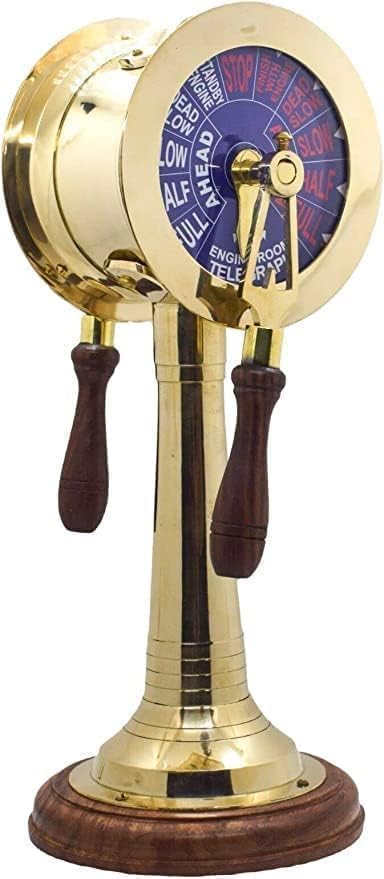 14'' Brass Engine Room Telegraph – Large Vintage Nautical Ship Telegraph Replica with Wooden Handles & Base, Maritime Marine Decor, Collectible Gift
