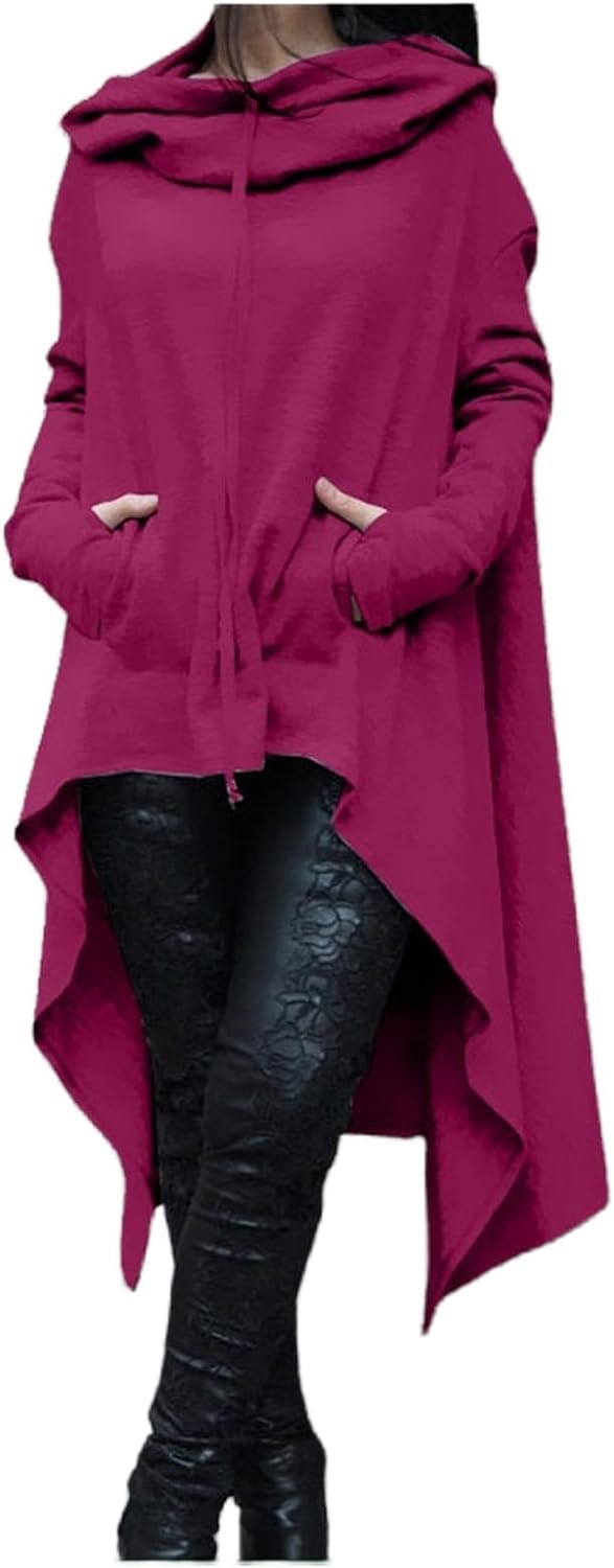 Womens Goth High Low Hoodie Asymmetrical Hem Long Sleeve Tops Oversized Casual Pullover Sweatshirt Fall Outfits Pockets