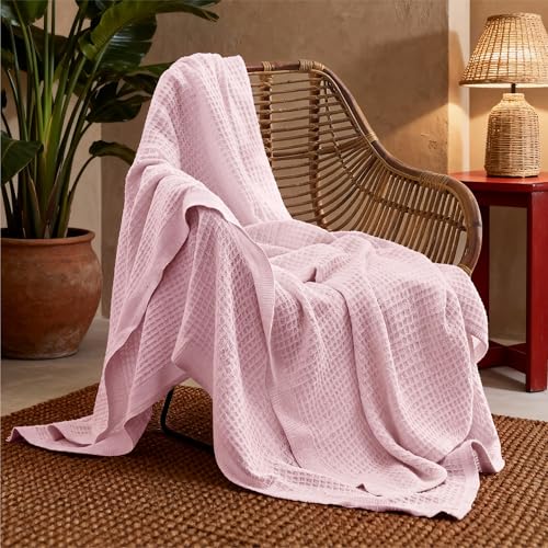 Image of Bedsure 100% Cotton Blanket Twin XL Size for College Dorm - Cooling Breathable and Soft for Summer, Waffle Weave Twin Blanket for Bed, Dorm Room Essentials, Pink, 66x90 inches