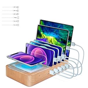 Fastest Charging Station for Multiple Devices, 5 USB Ports with 1 Qi Charging Pad, 6 Mixed Cable Included, for Apple…