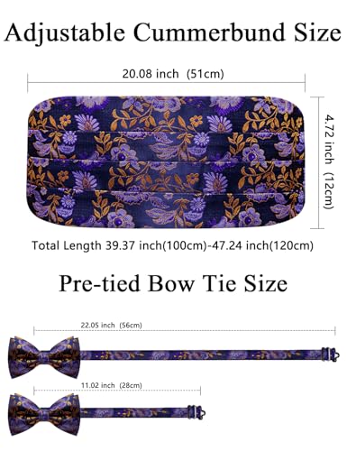 Image of Paisley Floral Tuxedo Cummerbund Bow Tie Pocket Square Set for Men | 3-piece set:cummerbund,bow tie&pocket square.Adjustable back for comfort.Silk blend,wedding,proms,black tie&formal events.
