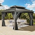 YITAHOME 12x14ft Hardtop Gazebo, Heavy Duty Double Roof Galvanized Steel Outdoor with Nettings and Curtains Combined of Vertical Stripes Roof for Patio, Backyard, Deck, Lawns, Gray
