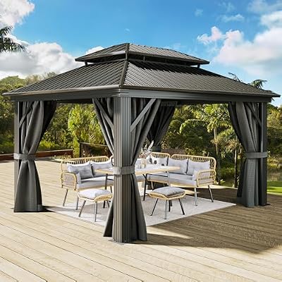 YITAHOME 12x14ft Hardtop Gazebo, Heavy Duty Double Roof Galvanized Steel Outdoor with Nettings and Curtains Combined of Vertical Stripes Roof for Patio, Backyard, Deck, Lawns, Gray