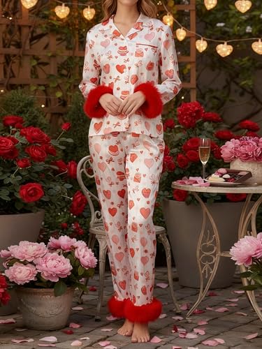 Image of Women Silk Pajamas Set Satin Long Sleeve Feather Trim 2PCS Loungwear | Christmas Button Down Shirts Long Pants 2PCS Xmas Christmas Sleepwear