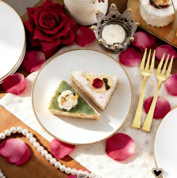 Festiva 200Pcs Gold Dessert Plates 6.3" with Forks 5"- Small Disposable Dessert/Cake/Appetizer Plates Plates- serve 100 guests include 100Plates 100Forks for Wedding & Easter Party &Valentine's Day - Image 9