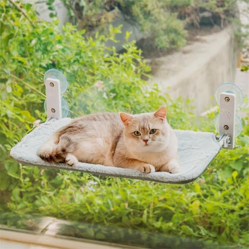 EDAGNY Hamaca para Gato Ventana Confort con Alfombra Reversible y Lavable - 54x30cm Hamaca para Gato Cama Ventana Estructura Metálica Resistente Soporta 18kg, Gris M