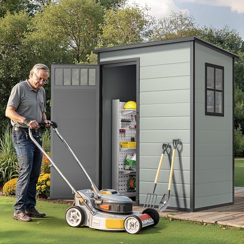 Image of DWVO 5x3FT Outdoor Storage Shed with Fence-Style and Side Windows, Floor, Lockable Doors, Plastic Storage for Backyard and Garden, Blue-Gray