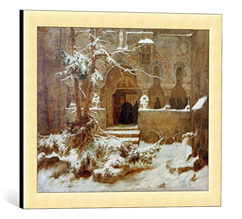 Kunst für Alle Image encadrée: Karl Friedrich Lessing La Cour du monastère sous la Neige - Impression d'art décorative, en Cadre de Haute qualité, 50x40 cm, Doré Brossé