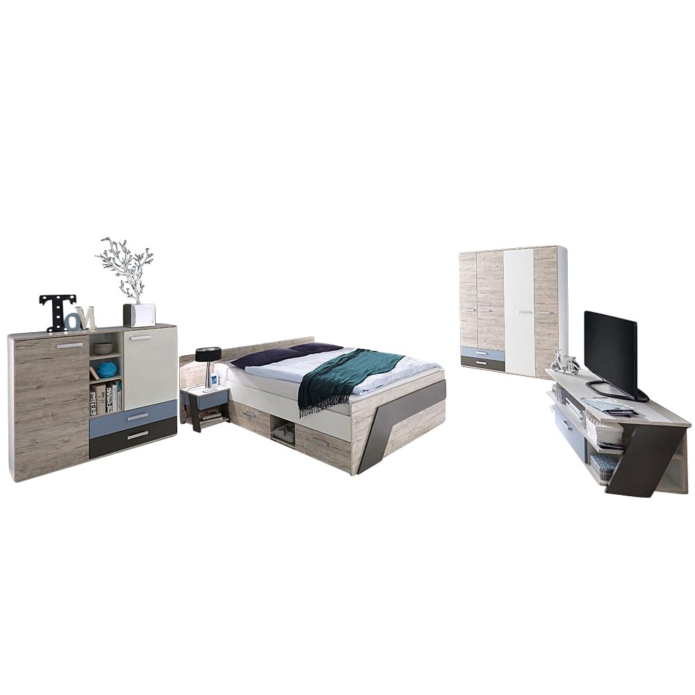Lomadox Jugendzimmer Komplett Set Sandeiche weiß Lava blau 140x200 cm Kojenbett Kleiderschrank