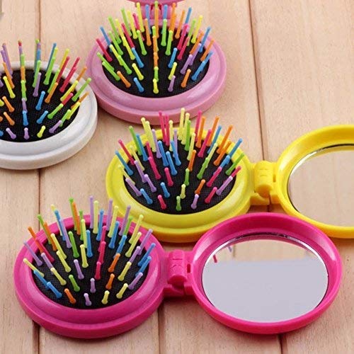 Image of Crackles Small Folding Pocket Soft Hair Brush Comb with Mirror for Travel and Little Girls for Birthday Return Gift Random Colors and Designs (Set of 5)