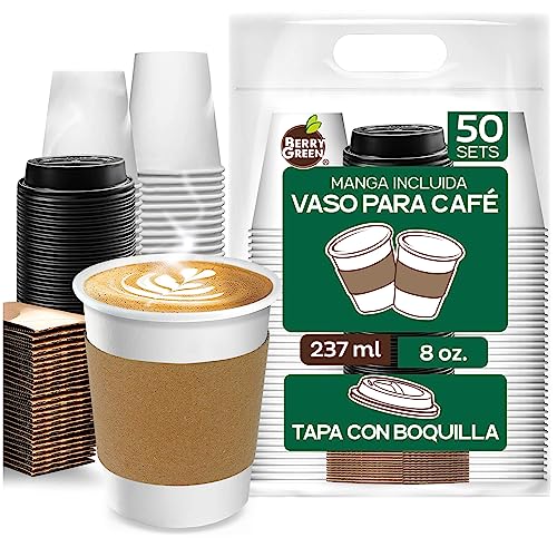 La Mejor Lista de Vasos para té y café de esta semana. 42 BERRY GREEN 50 Vasos para Cafe de 8 oz (237 ml) Resistentes con Tapa y Manga Protectora, Perfecta Para Cafe, Te y Todo Tipo de Bebidas Calientes, sin Derrames, Biodegradables