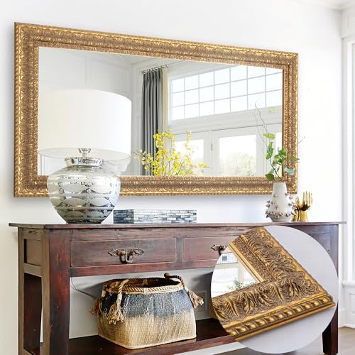 Chende 48" L x 24" W Large Gold Mirror for Wall, Rectangular Decorative Mirror Wall Decor with Leaves Shape Wood Frame, Elegant Baroque Mirror for Bathroom Entrance Hallyway Power Room