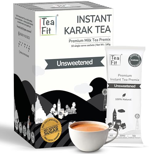 TeaFit NO SUGAR Instant Karak Tea Premix - 20 Sachets Pack | Strong Homemade Plain Kadak Chai | Milk Tea Premix | Travel Wellness Pack | Sugar Free Chai | Diabetic Friendly, 280gm