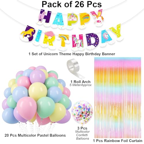 Image of Unicorn Theme Birthday Decoration Kit with Happy Birthday Paper Banner, Rainbow Foil Curtain, Pastel Balloons and Confetti Balloons for Party Decoration Set of 26 Pcs