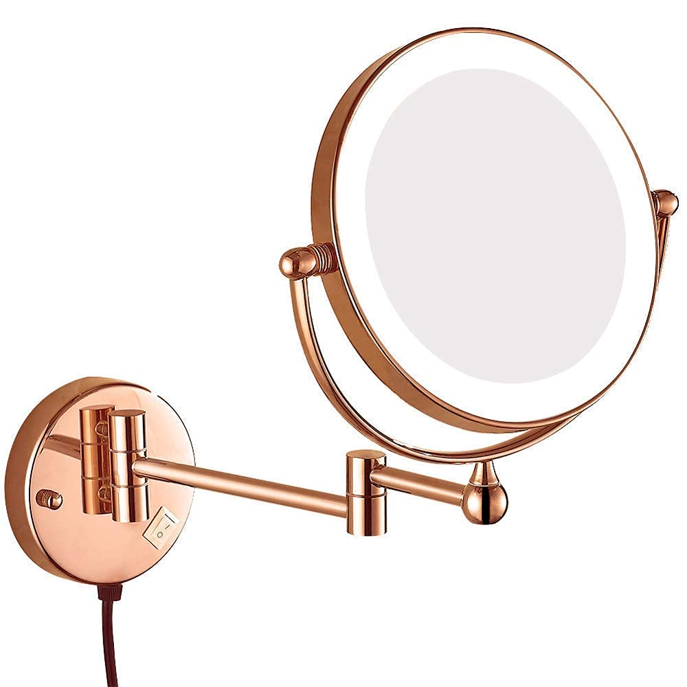 AMUCK LED-Badspiegel zur Wandmontage, 20,3 cm, doppelseitig, Messing, beleuchtete Vergrößerung, Make-up-Rasur, erweiterbar mit Schalter, elektrischem Stecker (Color : Rosegold, Size : 7X)
