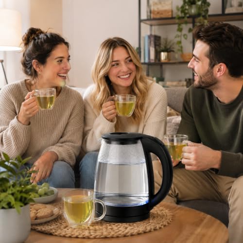 Image of 2 Litre Boroslite Glass Electric Kettle with 2 Double-Wall Glass Cups, 250 ml Each | Combo Set with Blue LED Light | Stylish Beverage Set for Home, Office & Gifting (TRANSPARENT WITH CUPS)