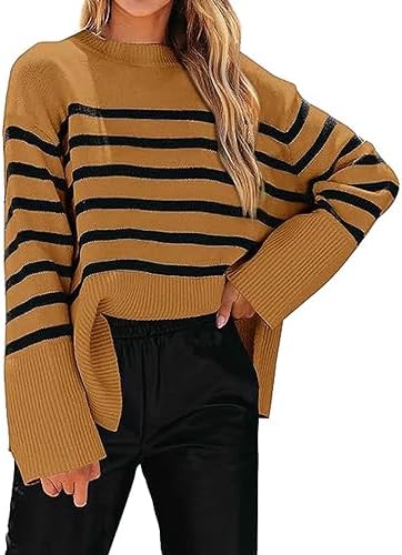 Womens Stripes Print Sweatshirt Top Oversized Long Sleeve Crew Neck Loose Casual Pullover 2024 Fall Clothes