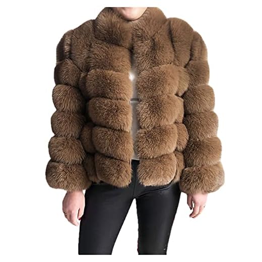 100 % äkta pälsjacka Dam varm och snygg jacka med naturlig rävpäls Stativkrage långärmad skinnkappa Naturliga pälsrockar - Khaki,S