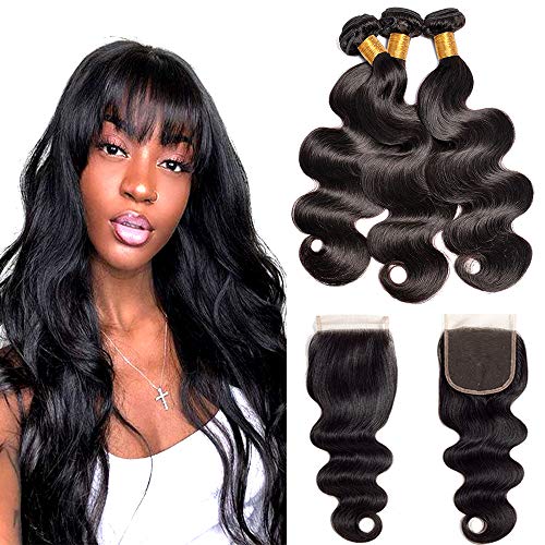 Brazilian Body Wave Human Hair 4 Bundles With Closure (20 22 24 26+20inch)Virgin Hair Weave With Lace Closure Free Part Natural Black