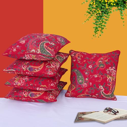 Image of Swayam Set of 5 Floral Print Cotton Red Cushion Cover | 16 x 16 Inch | Soft Breathable Fabric with Hidden Zipper | Decorative & Stylish Cushion Covers for Sofa, Living Room, Bedroom & Couch