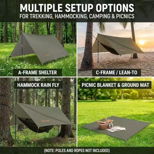 GOLDCAMP Bushcraft Emergency Camping Tarp,70D Nylon 10X13.2FT Hammock Rain Fly ,UV 50+ and PU15000mm Tent Tarp Shelter Canopy,Heavy Duty Multifunctional Sun Shade Essentials for Hiking (10X13.2ft) - image 7
