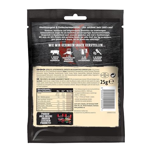 Jack Link’s Schinkensnack - 12er Pack (12 x 25g) - Proteinreicher Fleisch Snack aus Schweinefleisch - High Protein Snack für Gym, Fitness, Outdoor - Herzhaftes Trockenfleisch aus Deutschland