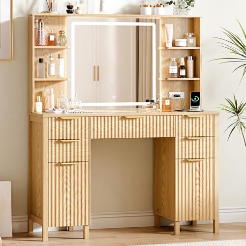 Vanity Desk with Large 27.2 Mirror and Lights 47.2 Fluted Makeup 5 Drawer Vanity with Power Strip 4 Open Shelves 2 Cabinet Modern Bedroom Vanity Featuring Visual Transparent Glass. Wood