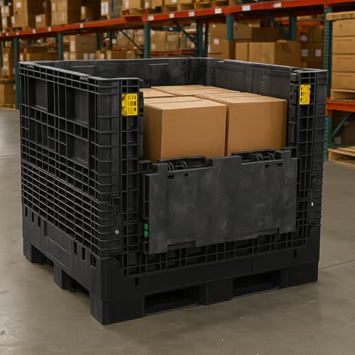 Image of Buckhorn 48 inch x 45 inch x 41 inch Collapsible Bulk Box Container, Extra-Duty Plastic Stacking Gaylord Box with 4-Way Forklift Access and 2 Drop Doors, 1700 lb Capacity Storage Tote, Black (BR48454120)