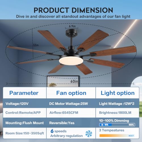 Image of JSAITEE 60In Ceiling Fans with Lights - Brown Low Profile Fan Light with 8 Blades, 6 Wind Speeds Reversible, Dimmable, Modern Light Fixture for Indoor Living Room, Kitchen, Coverd Patios