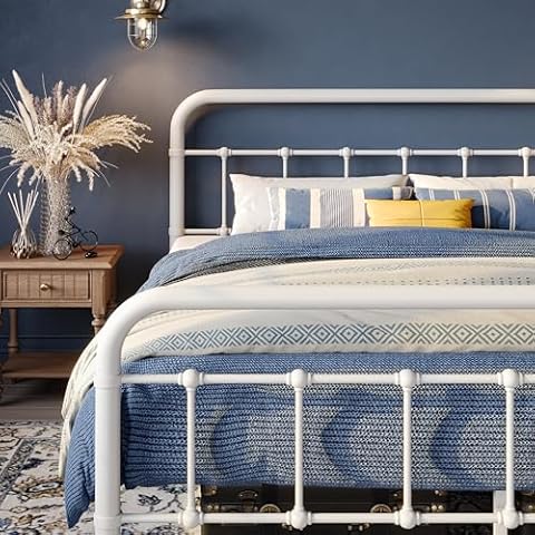 WEEWAY Full Size Metal Bed Frame with Wrought Iron-Art Curved Headboard, Victorian Vintage Style Platform Bed, No Box Spring Required, White Cover