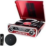 ION Audio MUSTANGLPRED Mustang LP 4-in-1 Classic Car-Styles Music Center (Red) Bundle with Deco Gear Universal 12' Silicone Rubber Turntable Platter Mat and Deco Essentials Cleaning Dust Brush