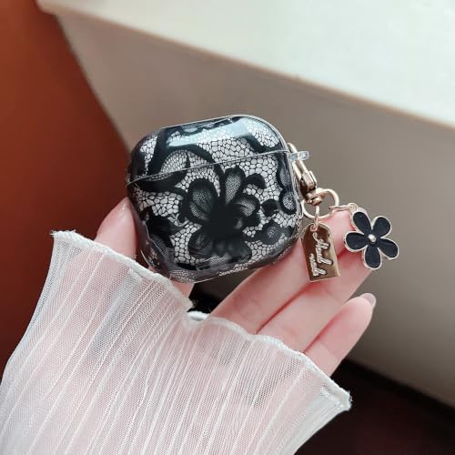 Image of MINSCOSE for AirPods 4 Clear Case,Cute Lace Flower Pattern Design with Trendy Keychain,Soft TPU Protective Shockproof Cover with Cleaner Kit for Girls Women for AirPods 4-Black