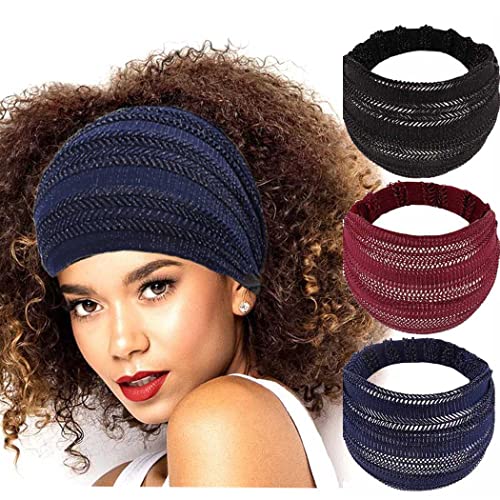 Gortin Boho Headbands Black Wide Hair Bands Stretch Turban Head Wraps Lace Knotted Headband Elastic Fashion Head Band Hair Accessories for Women and Girls Pack of 3
