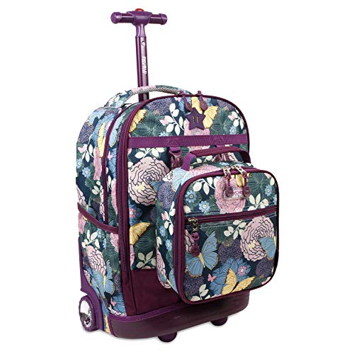 J World Duo Kids Rolling Backpack With Lunch Box Set. School Bookbag on Wheels, Secret Garden