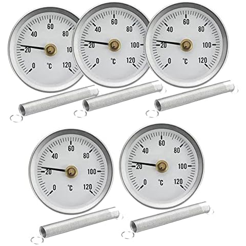 Dasing 63mm Pipe -on Dial Thermometer Temperature Round Plate Gauge with Spring,Range 0-120℃, Aluminum Case, 5Pcs Set Cover