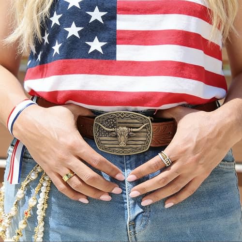 Image of HUABOLA CALYN Long Horn Bull Belt Buckles for Men Women American Flag Texas Star Belt Buckles