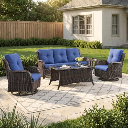 Image of Rilyson Patio Outdoor Wicker Swivel Rocker Chairs Set of 5, Blue Cushions