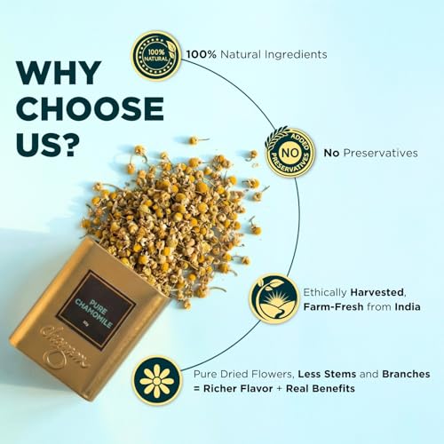 Image of CHAYAM Chamomile Infusion - 30g Loose Tea | Pure Whole Chamomile Flowers Dried | Calming Bedtime Herbal Infusion | For Sleep & Stress Relief | Caffeine-Free | Premium Tin Caddy | Herbal Infusion
