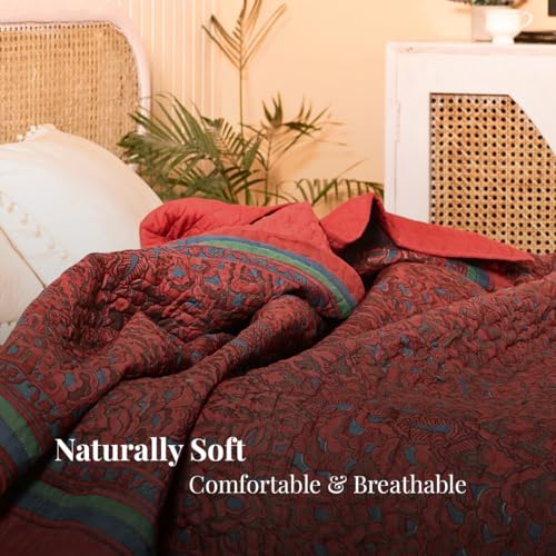 Image of Peepul Tree 100% Cotton Malmal AC Comforter 90x108 Inches, Queen Size Best for Summers Lightweight, Soft, Breathable & Reversible AC Blanket for Double Bed, Brickred & Navy