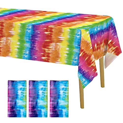 Iceyyyy 3 Pcs Tie Dye Tablecover - 54' x 108' Tie Dye Theme Rainbow Table Cloth Colorful Tablecover for Tie Dyes Themed Party Decorations