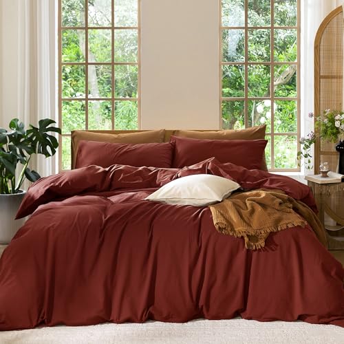 Image of MooMee Duvet Cover Set 100% Washed Cotton Linen Like Full | Relaxed Linen-like Texture. Soft, Breathable & Long-lasting Comfort. Lightweight. Hidden Zipper with 8 Interior Corner Ties