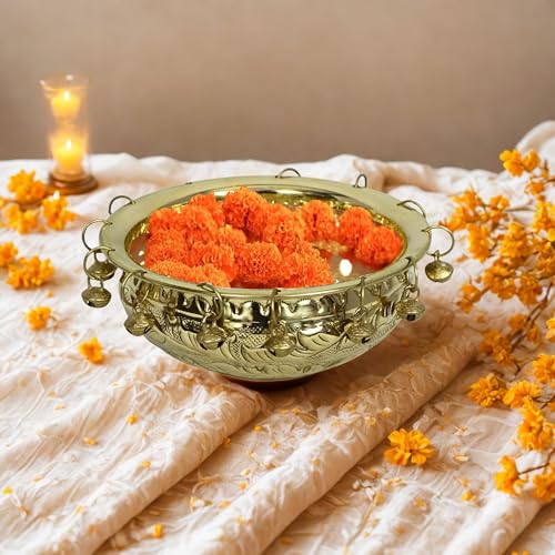 Image of Decorative Brass Urli Bowl with Bells | Traditional Indian Flower Bowl for Floating Diyas & Marigolds | Antique Gold Finish for Festive Decor (6 inch) (6 inch)