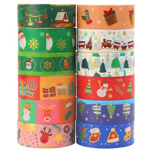 12 Rolls Christmas Washi Tape Set Self-Adhesive Gold Foil Paper Tapes Xmas Colorful Decorative Masking Tape for Scrapbook Journals DIY Crafts Gift Wrapping & Holiday Decorations (Colorful)