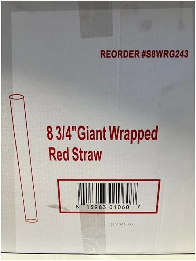 8.75-Inch Jumbo Red Plastic Straws (7mm) – Individually Wrapped, BPA-Free – Disposable Drinking Straws for Cocktails, Milkshakes, Parties & Restaurants - 20 Box (6000 Count)