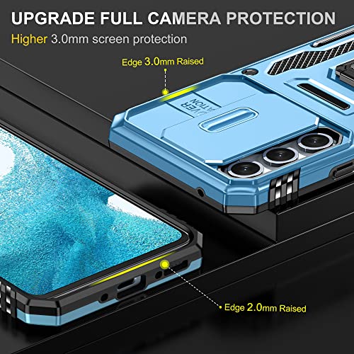 Image of Polycarbonate Slide Camera Cover with Ring Holder Mobile Phone Back Cover for Samsung Galaxy A54 5G (Blue)