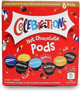Celebrations Hot Chocolate Dolce Gusto Compatible Pods - Twix, Mars, Bounty, Snickers, Galaxy, Malteser, Milky Way & Galaxy Caramel Capsules - 1 Box, 8 Capsules