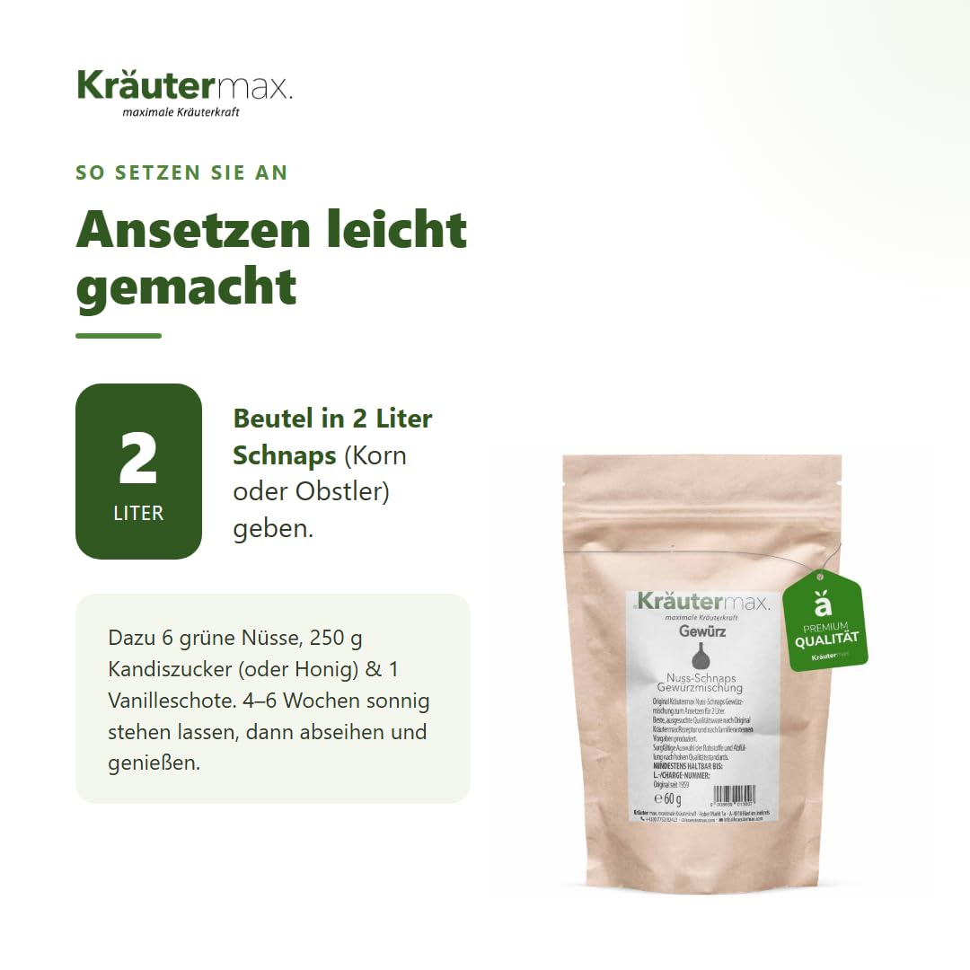 Kräutermax Nuss Schnaps Gewürz | Nussschnaps zum Ansetzen | Schnaps selber machen | Ansatz für 2 Liter Nussschnaps pro Päckchen | Ansatzmischung 10 x 60 g